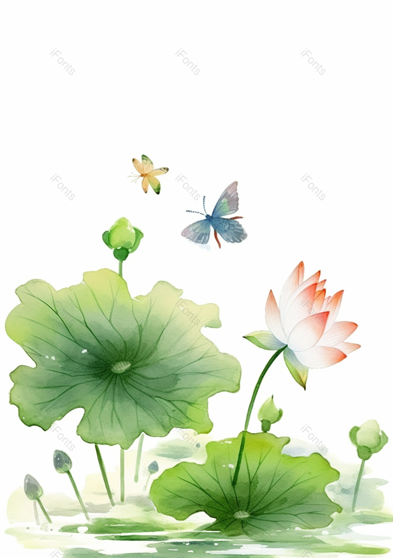 简约风绿色古典池塘荷叶荷花胡蝶插画,插画/手绘图,插画/手绘图库,插画/手绘图下载,插画/手绘